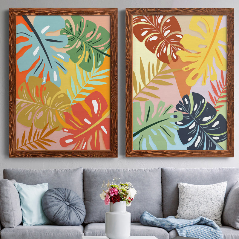 «Tropical Foliage I», ensemble de 2 peintures sur toile encadrées, H 37,5 po x l 55 po x P 1,5 po, Toile avec cadre érable