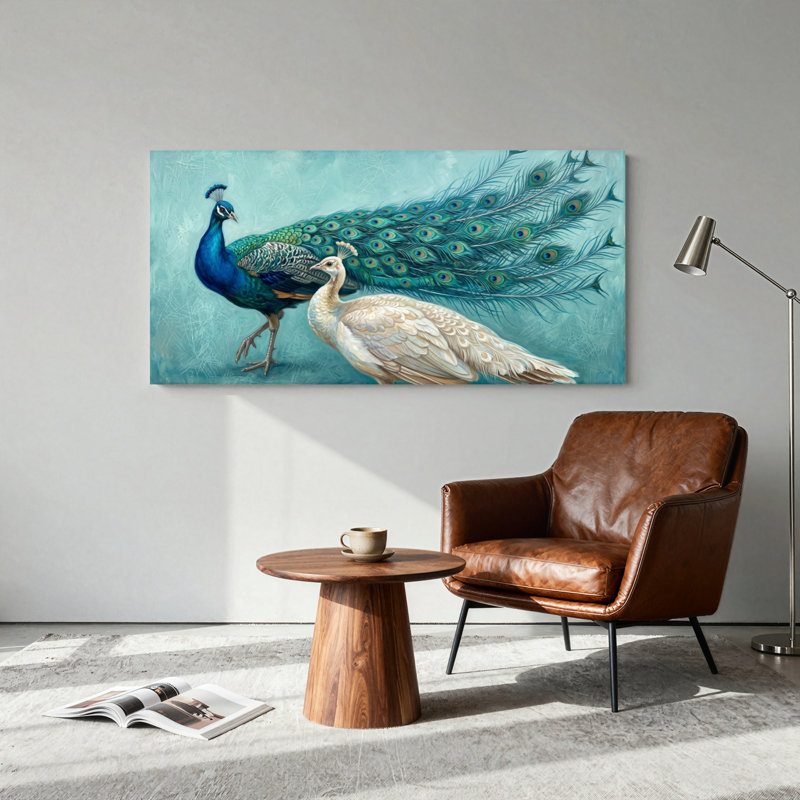Ensemble de 1 tableau sur toile représentant un paon et une paonne blanche, L 40 po x H 20 po, Toile tendue