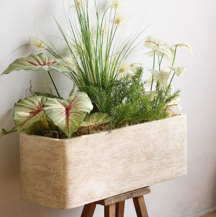 Modern Rectangular Textured Planter, 6.6" H x 23.6" W x 6.3" D, Antique White