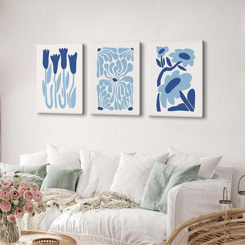 Blue Wall Decor,Blue Abstract Wall Art,Framed Light Blue Floral Canvas Prints Flower Poster Picture Painting Aesthetic Set Of 3 For Living Room Bedroom Teen Room