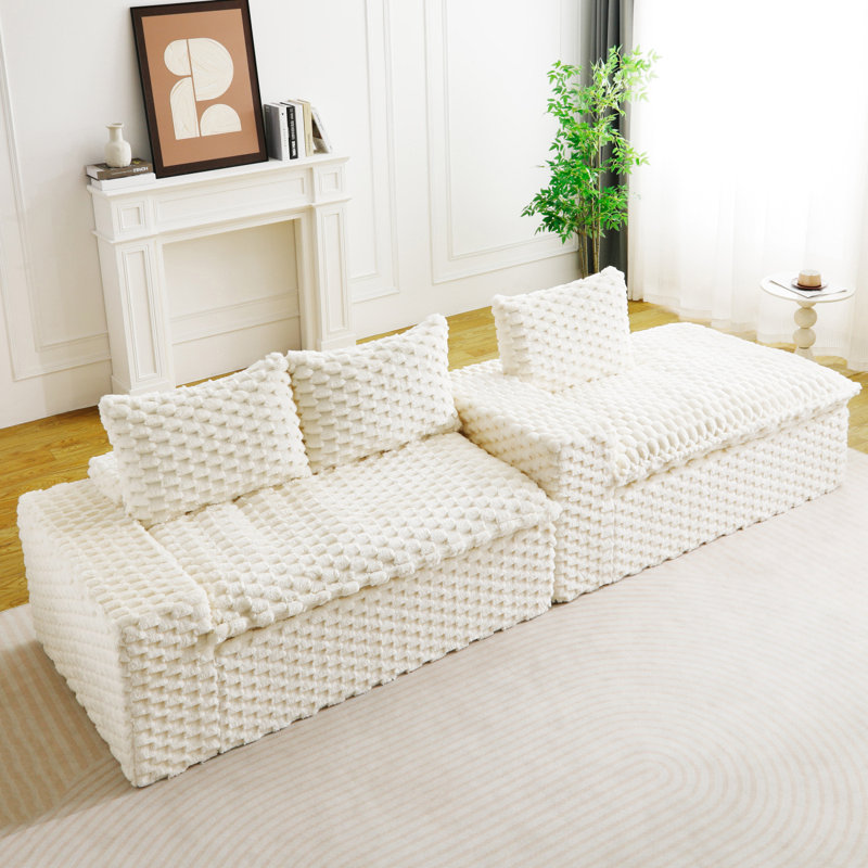 Canapé polyvalent en velours blanc: chaise convertible à deux places et méridienne droite, Blanc