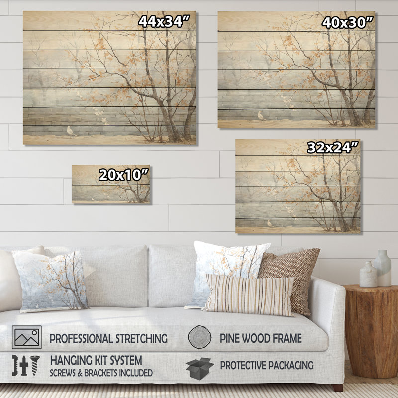 Minimalisme, arbre fleur gris - impression de cerisier sur bois, H 10 po x l 20 po