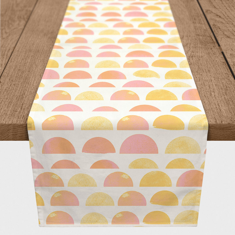 Alfonzie Rectangle Geometric Polyester Table Runner, 90" L x 16" D, Pink/Yellow