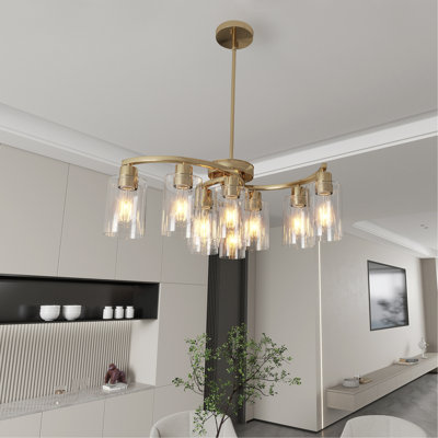 Lustre en verre doré à 9 lumières, luminaires de salle à manger à hauteur réglable au-dessus de la table, lustre suspendu contemporain pour bureau de vestibule de cuisine, abat-jour en verre transparent