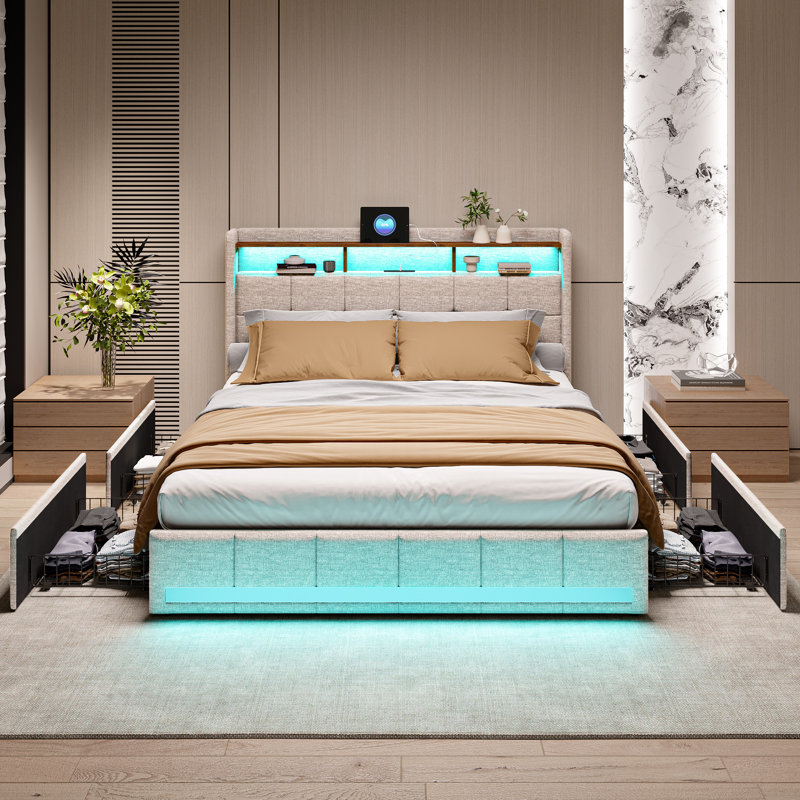 Carlyann Modern Fabric Bed Frame With LED Headboard Storage, USB & Type-C Ports, And Under-Bed Drawers, Beige