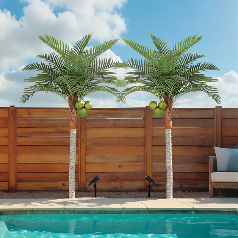 Cocotier artificiel avec 3 noix de coco (7 pi / 8 pi), plante tropicale artificielle avec projecteur DEL optionnel (bicolore / multicolore) pour un décor intérieur / extérieur
