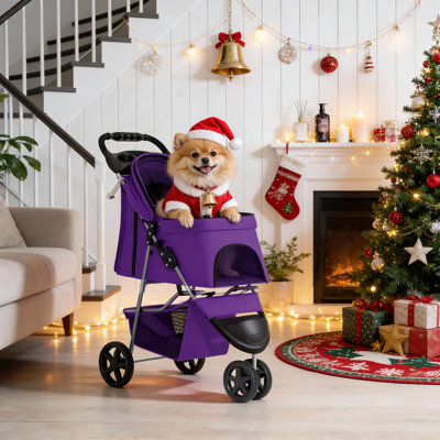 Foldable Pet Stroller, 3 Wheels Folding Carrier Jogger Stroller for Dogs Cats with Canopy and DIY Stickers