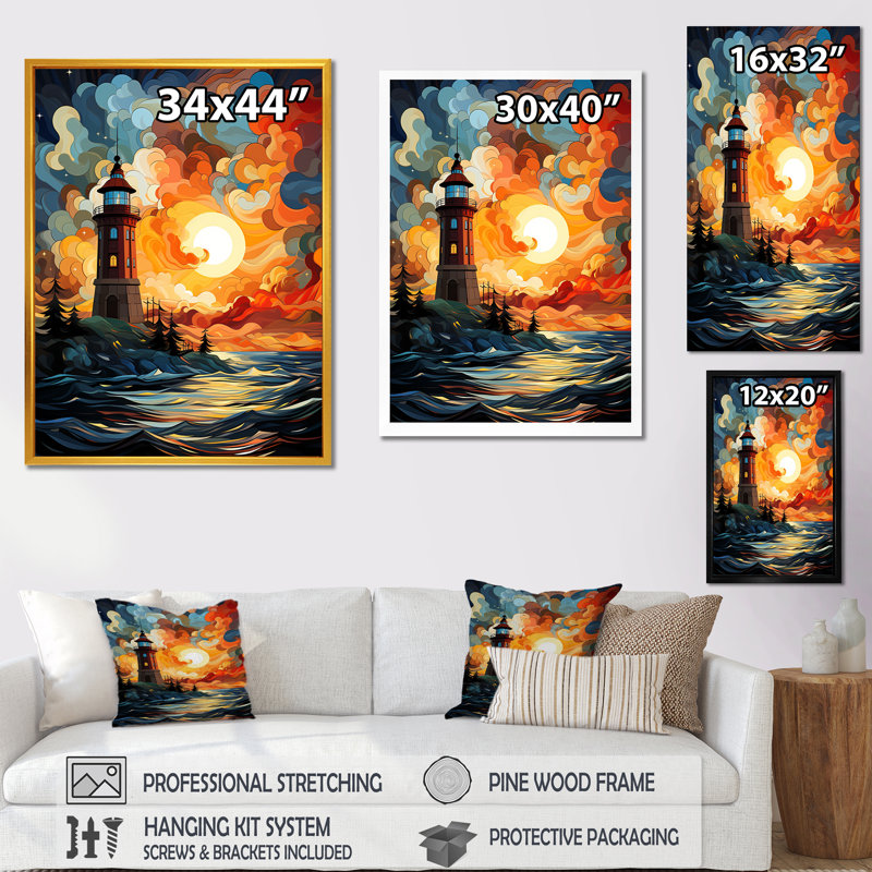 «Coastal Stormy Sunset Lighthouse Breeze II» - art mural phares, Cadre flottant noir, H 20 po x l 12 po x P 1 po