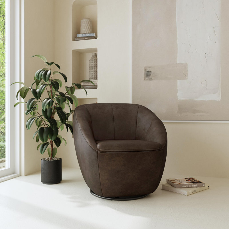 Fauteuil demi-tonneau pivotant en cuir touffeté l 30 po Mechtildis, Cuir beige assorti