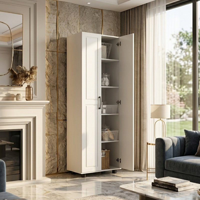 75" Extra Tall 2-Door Storage Pantry Cabinet with Inset Panel Doors and Adjustable Shelves, 1