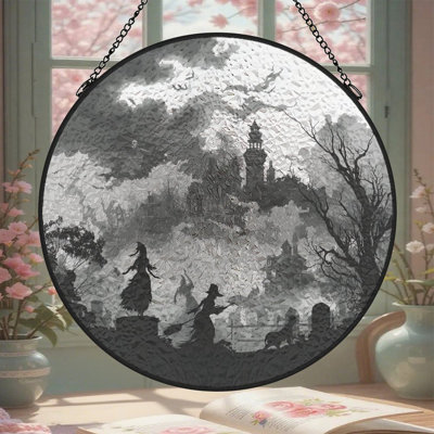 Panneau de vitrail Witches Flying Haunted Village