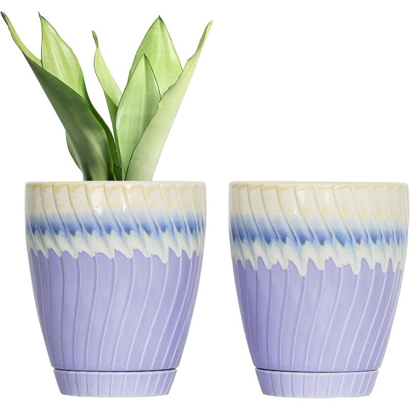 Ensemble de 2 pots à fleurs 6 "crème et mauve avec soucoupes