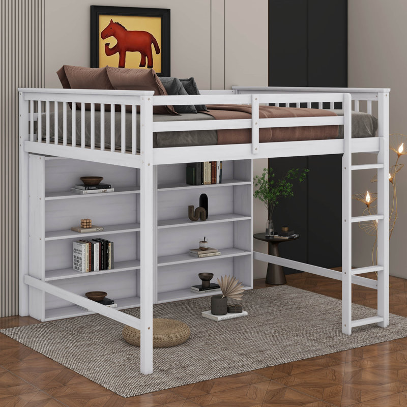 Lit mezzanine double avec tablettes de rangement ouvertes et échelle, Blanc antique