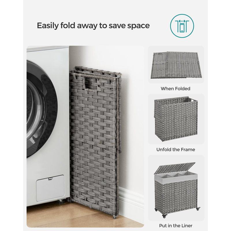 Wood Rolling Laundry Hamper with Handles, Grey