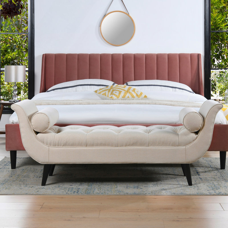 Banc de hall d'entrée touffeté à accoudoirs évasés Alma, polyester beige ciel neutre