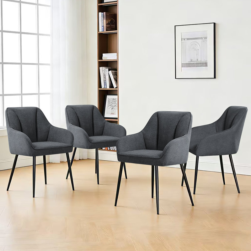 Scandinavian Soft Textured Armchair Upholstered with Thickened Cushion Dining Chair, Heathered Charcoal, 4