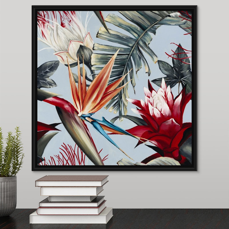« tropical bliss », peinture sur toile, Cadre flottant noir, H 17,7 po x l 17,7 po x p 1,75 po