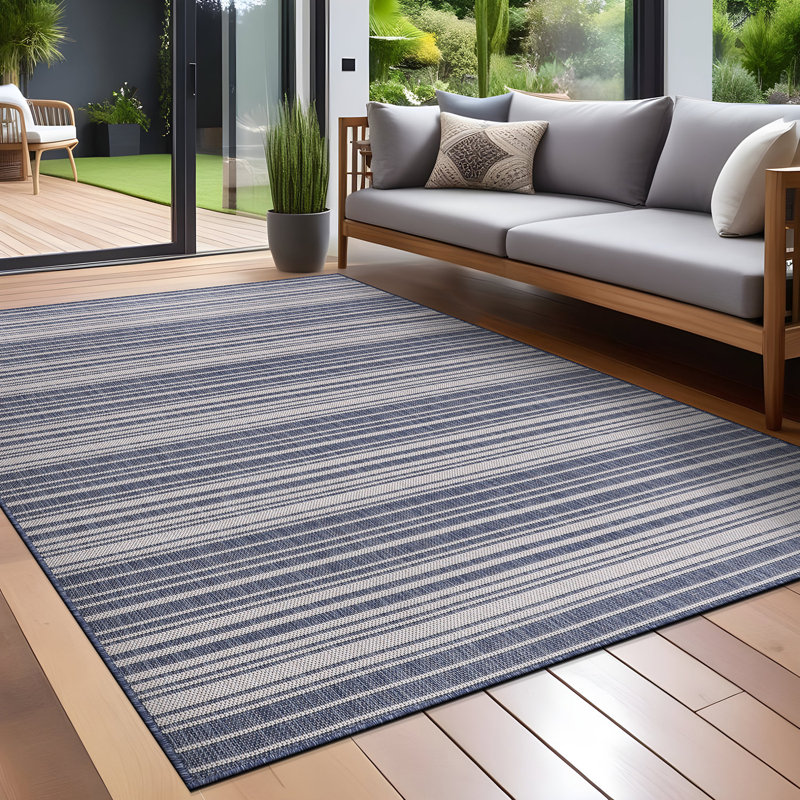 Tapis rayé bleu intérieur / extérieur Waikiki, Rectangle 4 pi x 6 pi