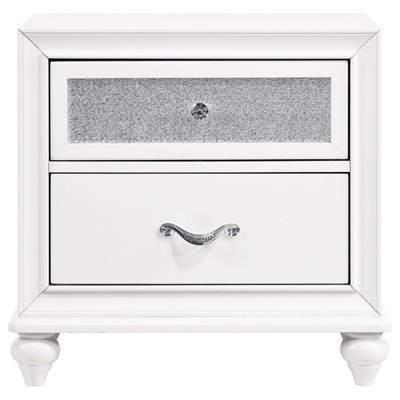 Table de chevet pour chambre à coucher avec 2 tiroirs spacieux, finition blanche, quincaillerie en cristal à facettes, table de chevet à tiroir de 16,5 pouces de profondeur, conception moderne pour la chambre à coucher, 24,52 de haut et de large