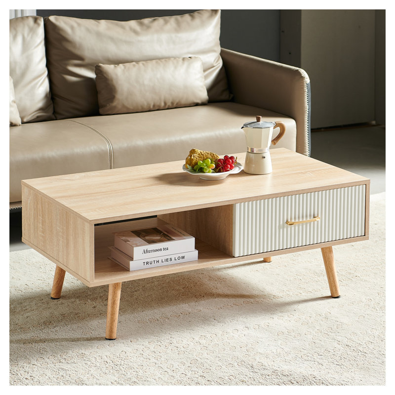 Table basse moderne moderne avec tiroir de rangement coulissant et tablette ouverte - meubles de salon en bois naturel
