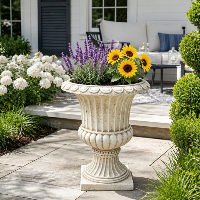 Pot à fleurs rétro en forme de pierre avec piédestal et urne en résine pour patio