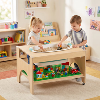 Wooden Montessori Sand and Water Table with Basin, Building Block Board and Chess Game Surface, Sensory Activity Table & LEGO Table with Wheels (NO Toy Included)