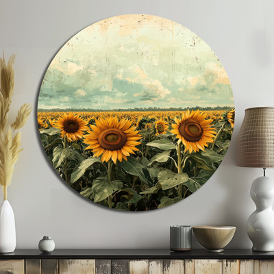Été tournesol prairie dans les prairies II - tournesols, art mural rond en métal