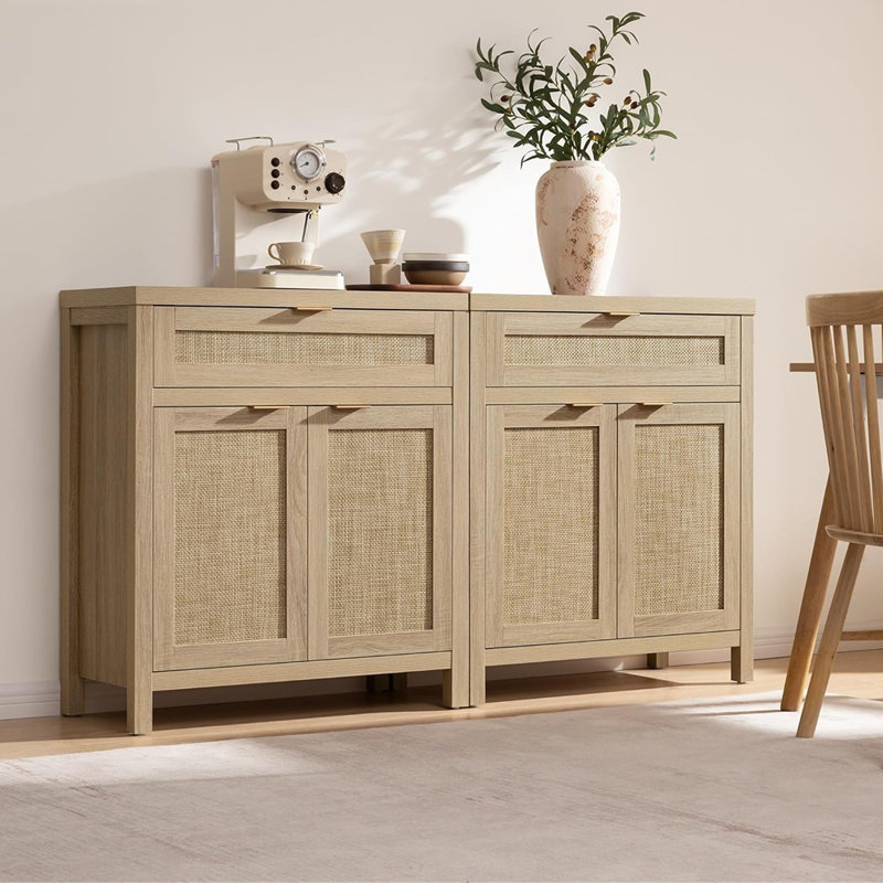 Buffet en rotin (ensemble de 2), console Boho avec portes et tiroir - Naturel