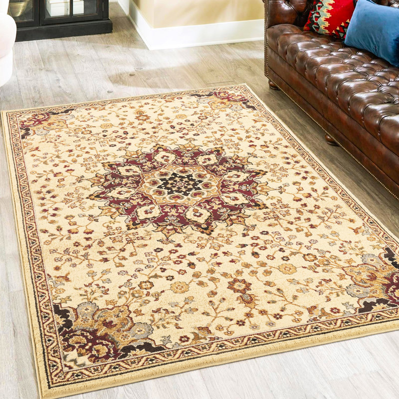 Tapis classique de couleur crème, en polypropylène, de 34,7 lb, avec un tapis à médaillon tendance, de 123 po de long