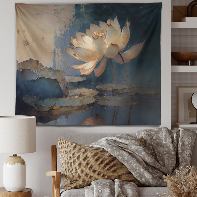 White Vintage Lotus At Dawn - Floral Lotus Wall Tapestry, 50" H x 60" W