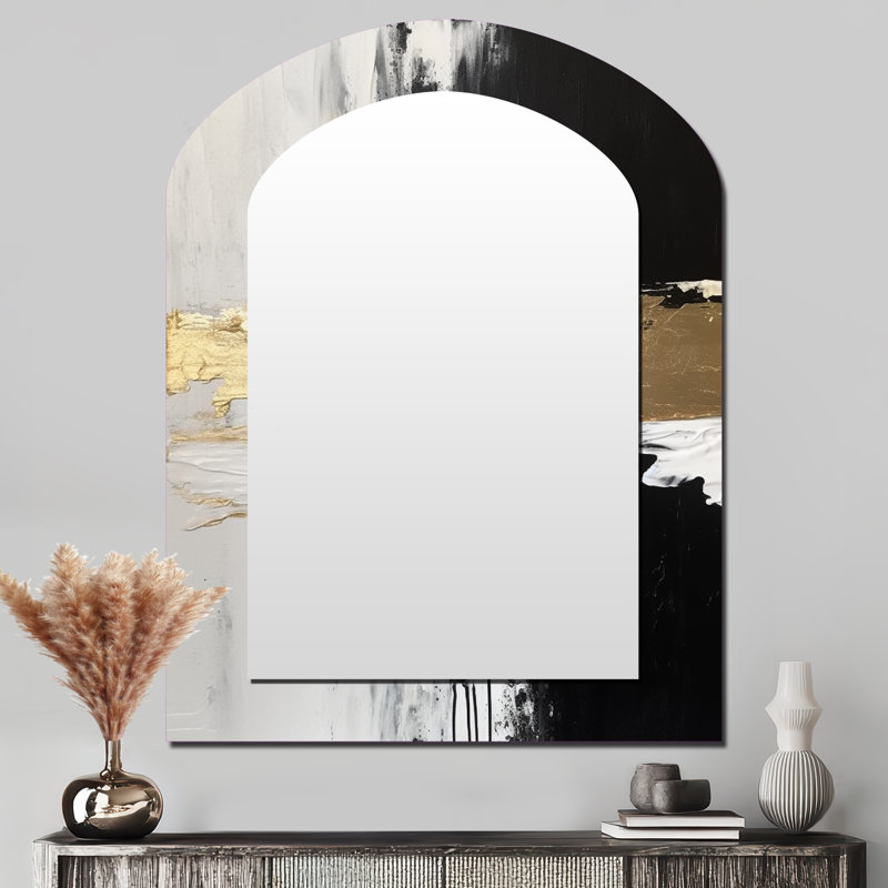 Horizontal Dimensions Abstract Gold Black - Abstract Painting Arch Decorative Wall Mirror, Gold Asymmetrical Large Mirror, Printed Metal Art