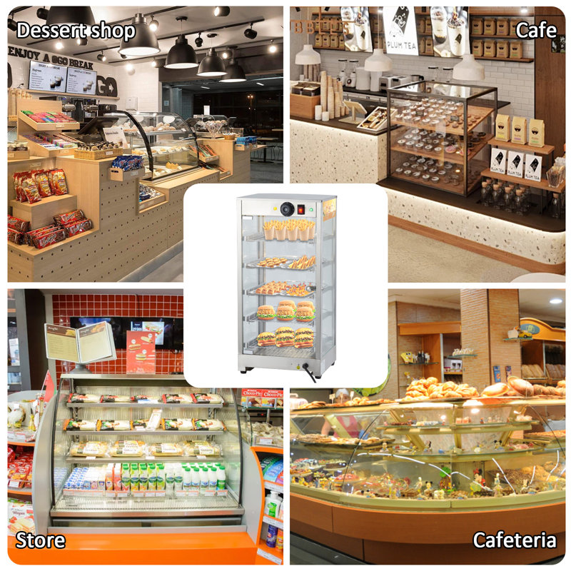 Vitrine commerciale à 5 niveaux pour chauffe-plats, réchaud à pizza et à pâtisserie de comptoir de 14 pouces, chauffage 3D de 800 W, température réglable, porte en verre et cadre en acier inoxydable pour restaurant de boulangerie