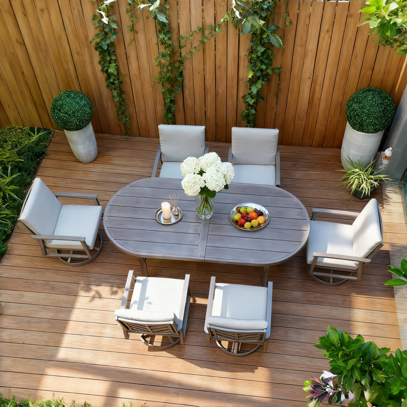 Amario Patio 6 Person Metal Dining Set With Umbrella Hole And Sunbrella Cushions