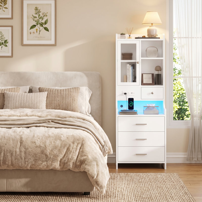 49.2" Tall Nightstand with Charging Station and LED Lights, Night Stand with 4 Drawers, Bedside Table with Bookshelf and Storage Shelves, White Modern End Side Table for Bedroom