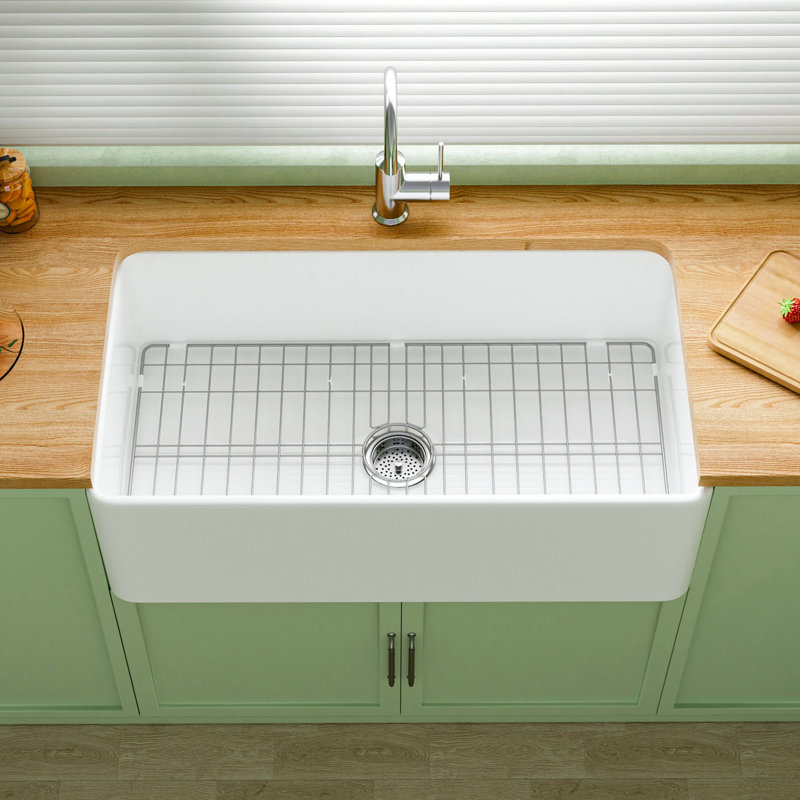 33" L x 18" W Fireclay Apron Front Farmhouse Sink for Kitchen, Single Bowl White Farm Sink, Included 2 Custom Accessories