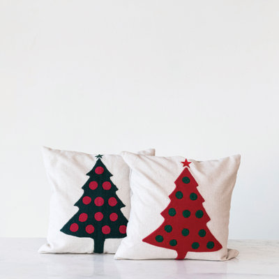 Cotton And Linen Pillow With Embroidered Wool Christmas Tree And Chambray Back
