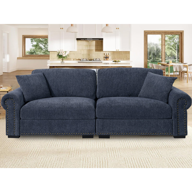 Modern Oversized Loveseat Sofa Couch, 2 Pillows, Removable Cover, Dark Blue