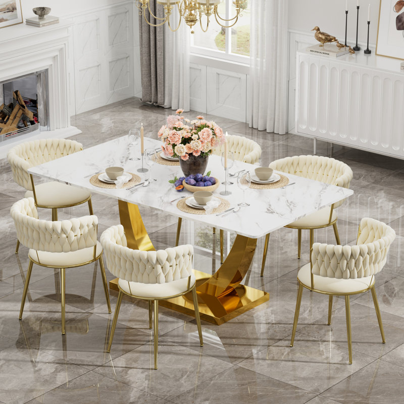 Rectangular Pedestal Dining Set with Modern Weaven Velvet Dininig Chair, Table, 6 Chairs, Beige