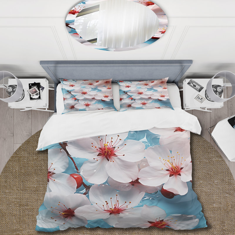 Ensemble de housse de couette blanc et bleu Cherry Blossoms Flow II - Tree Cherry Blossom