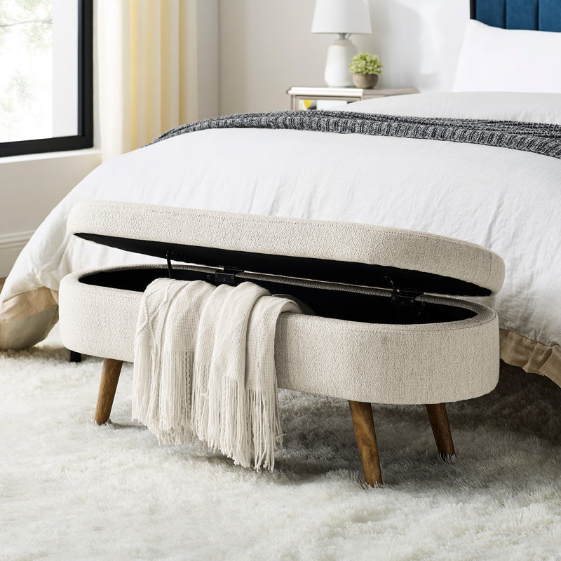 Banc de rangement ovale beige avec pieds en bois d'hévéa fiables - ajoute une touche de classe