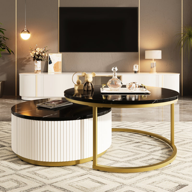 Table basse ronde moderne avec capacité de nidification et tiroir de style noir et doré pour une salle d'étude, Noir