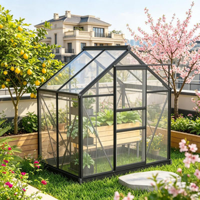 Serre en polycarbonate d'extérieur en aluminium, porte de ventilation robuste de 6,2 pi x 4,3 pi x 6,6 po