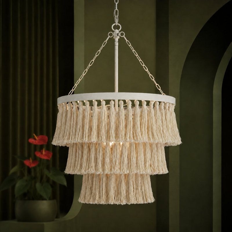 Luray - Lustre classique à 4 lumières, intensité variable, style artisanal, 3 niveaux, pompons