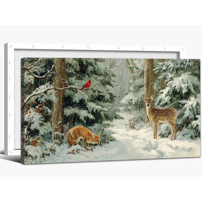 Large Winter Landscape Wall Art - Winter Scene Canvas Wall Art, Christmas Pictures Wall Decor for Living Room, Woodland Animals Painting Frame Wrapped Canvas Prints, 24×48 inches