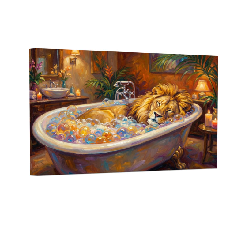 Animaux lion se détendant dans un bain moussant avec des bougies, H 32 po x l 48 po