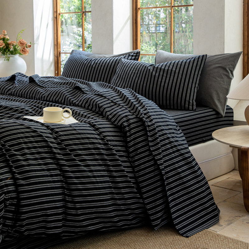 100% Washed Cotton Bedding Sheet Set 4 Pieces,1 Fitted Sheet,1 Flat Sheet and 2 Pillowcases,Comfy Textured Sheet Set