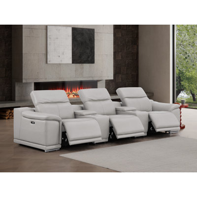 Genuine Leather Sofa With 3 Power Recliners & Dual Storage Consoles