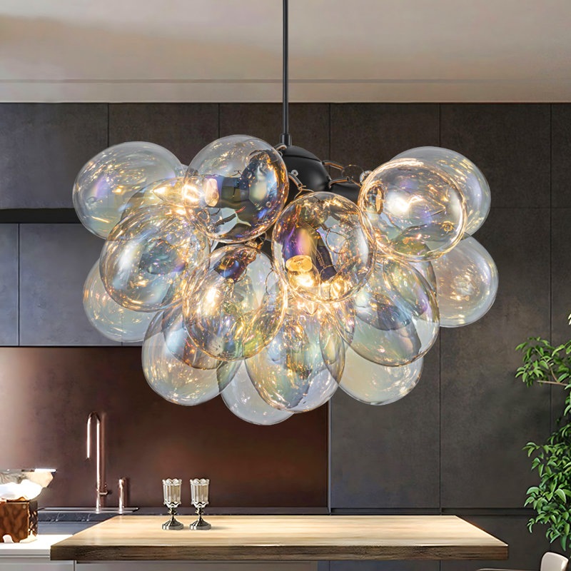 6 - Light Dimmable Iridescent Glass Globe Bubble Chandelier, Matte Black
