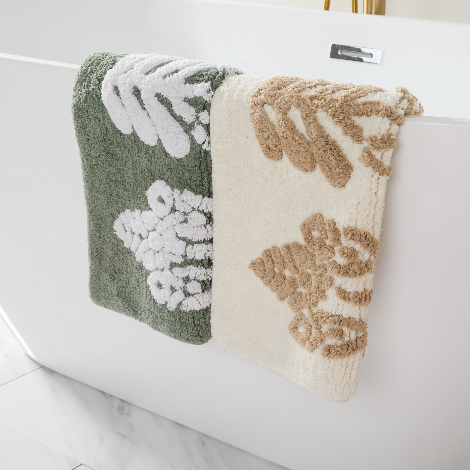 100% Cotton Floral Pattern Bath Mat, 24 in x 17 in, Sage Folk Leaves