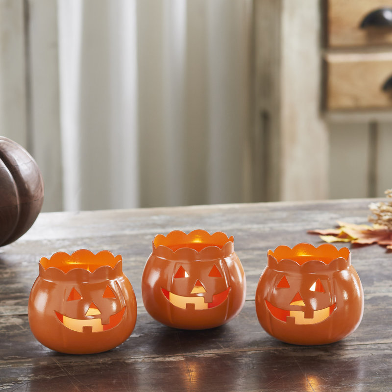 Jack-O-Lantern Candle Holder Set of 3 - 3x3.5x3.5, Orange